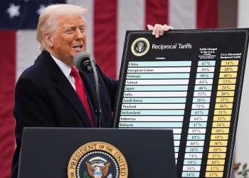 Donald Trump con la tabella dei dazi Paese per Paese